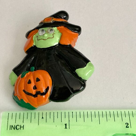 Vintage Halloween Witch Pin Brooch Pumpkin Witches Hat Black Orange Green Resin - Picture 7 of 7